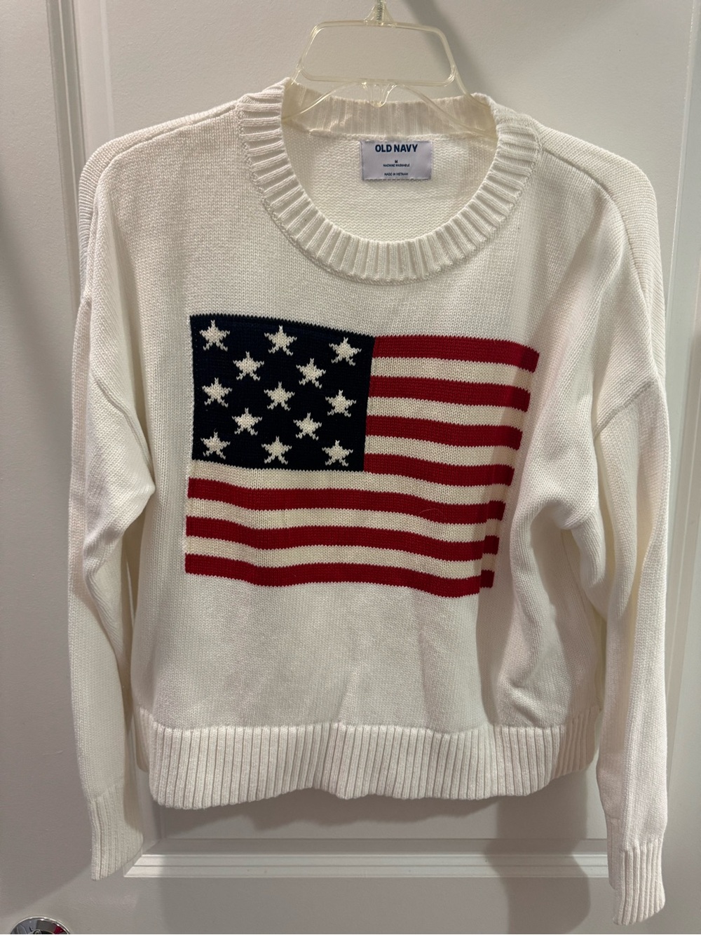 Old Navy White Crewneck Sweater with Red & Blue Flag Graphic